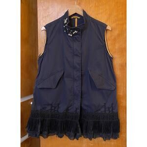 History Repeats Military Surplus Vest Embellished Crystals Lace Fringe Sz M Navy